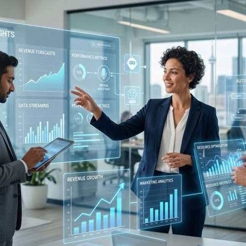 Business professionals using AI tools and digital analytics dashboards in a modern office to improve productivity and business growth