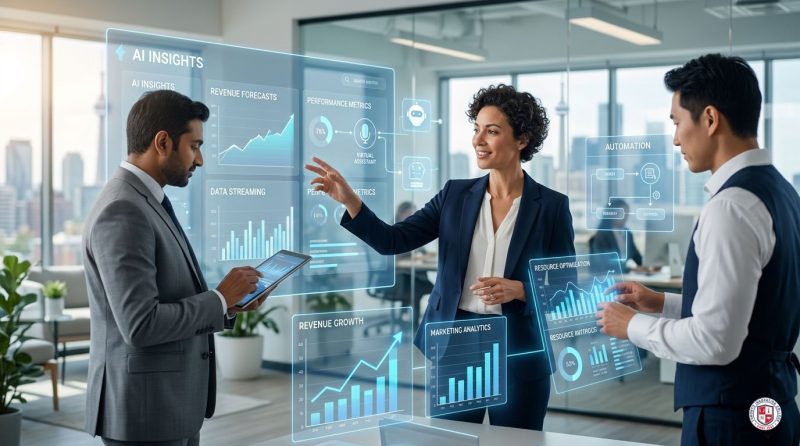 Business professionals using AI tools and digital analytics dashboards in a modern office to improve productivity and business growth