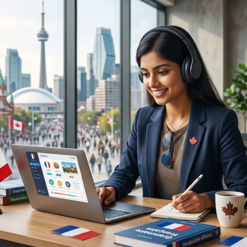 Young professional learning French online in a modern Canadian workspace to improve career opportunities in Canada.
