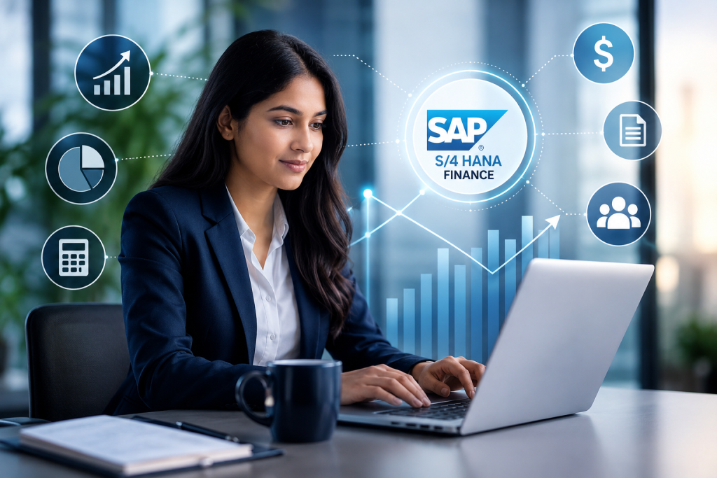 Finance professional using SAP S/4HANA Finance tools to build ERP, accounting, reporting, and career growth skills