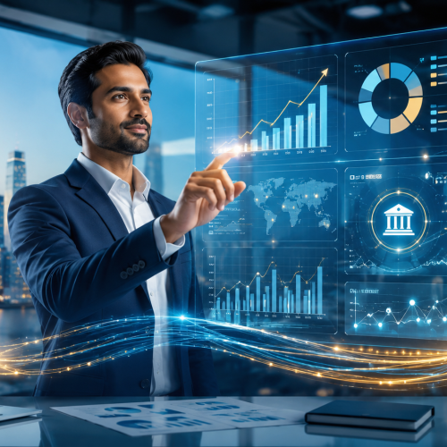 Professional using SAP S/4HANA Finance dashboard with real-time financial data and business analytics in a modern office