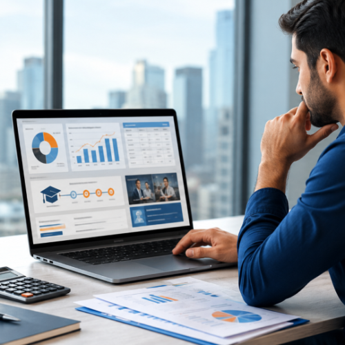Student comparing accounting and payroll courses in Canada on a laptop