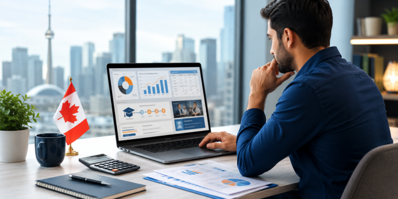 Student comparing accounting and payroll courses in Canada on a laptop