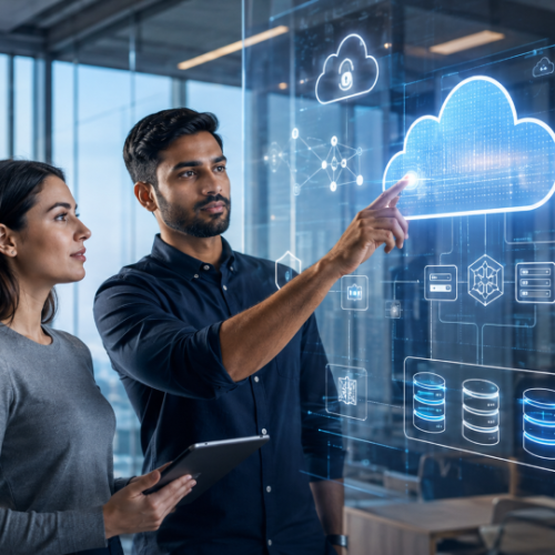 Cloud computing professionals reviewing cloud infrastructure, security and storage systems in a modern Toronto technology office