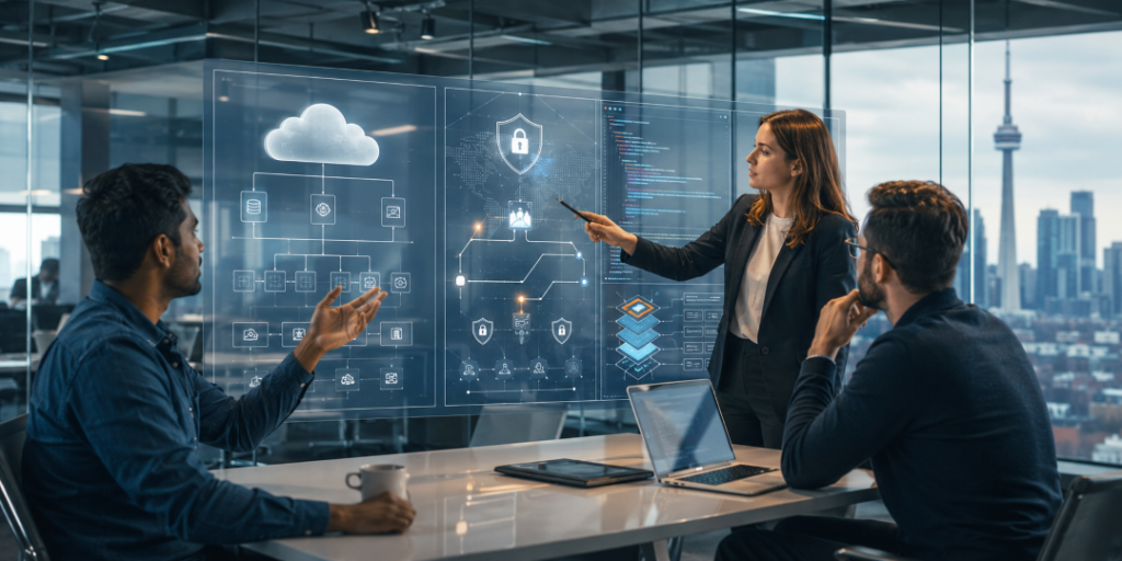 Technology team connecting cloud computing, cyber security and full stack development in a modern Toronto workplace